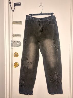 Distressed Star Patch Black Jeans, Y2K, baggy, grunge, streetwear, goth, punk